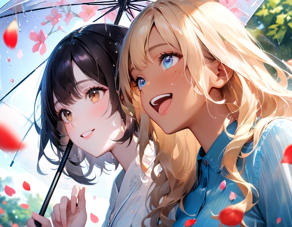 黒髪＆ブロンド・桜雨に散歩