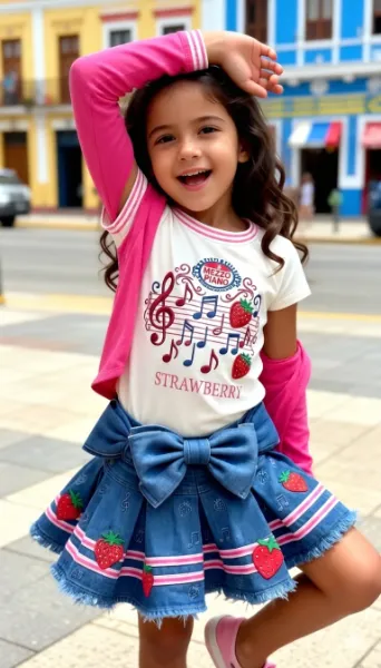 五線譜プリントTシャツとリボン付きデニムスカートのコーデ