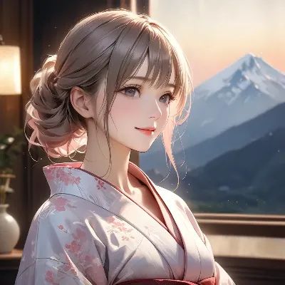富士を望む着物少女