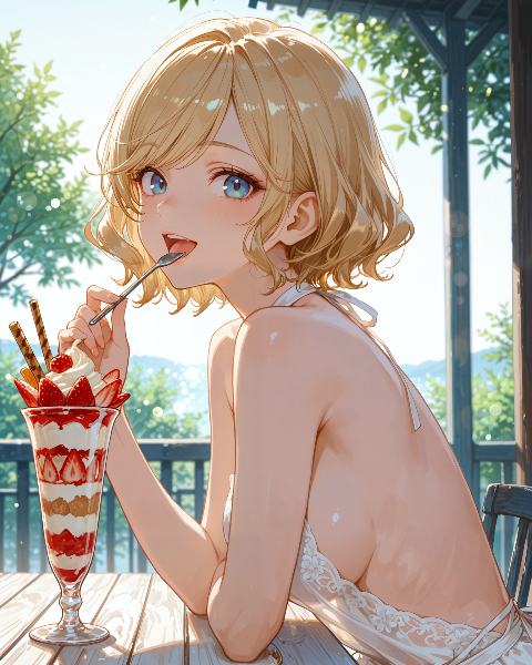 テラス席でパフェ