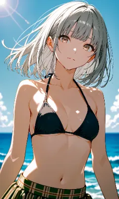 銀髪ショート　黒ビキニ