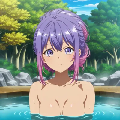 森の温泉に浮かぶ紫髪