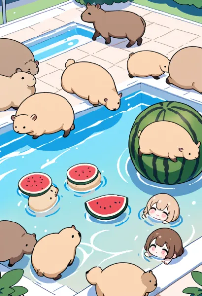 カピバラたちのスイカプールパーティー