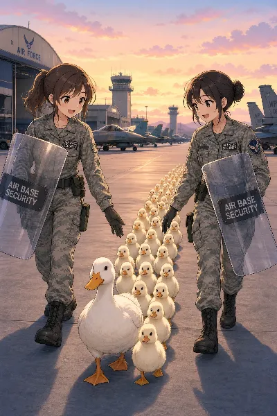 突然現れたアヒルたちを誘導