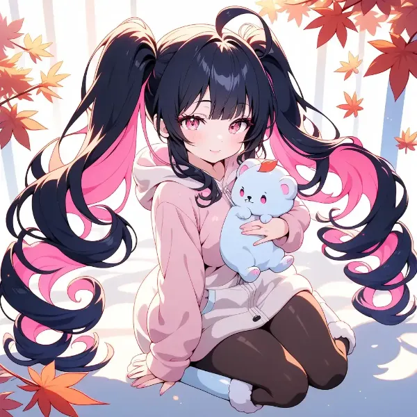 秋の森でぬいぐるみを抱く少女