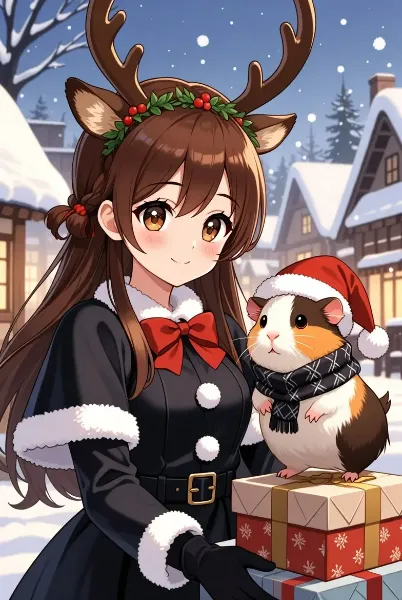 サンタモルモットと後ろからついて歩くダークサンタ系女子