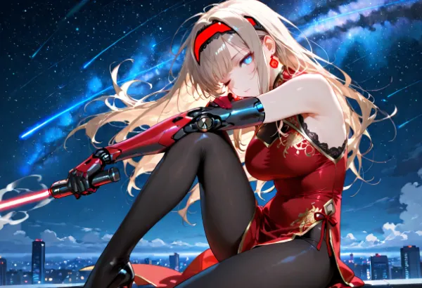 紅蓮の剣士と星降る夜空