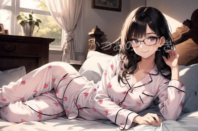 黒髪ロング眼鏡　パジャマ