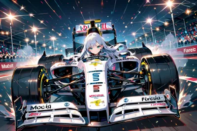 F1カーと銀髪少女