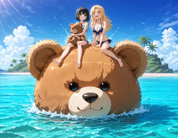 黒髪＆ブロンド・テディベアに乗ってアイピク島へ
