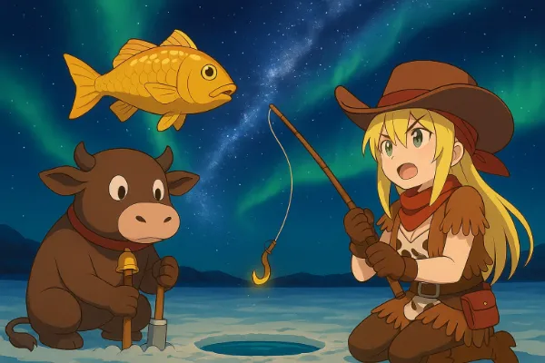 伝説の黄金のたい焼きを釣ろうとしたが魚が空を飛んでいて不意を突かれたカウガールの少女と友達の牛