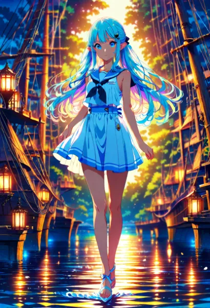 青髪の少女と夕陽の港町