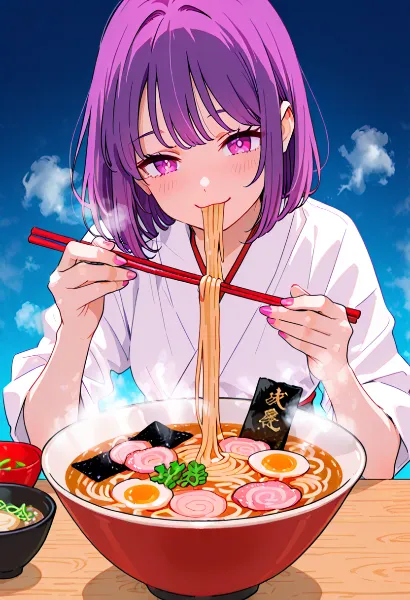 夏空の下で大盛ラーメンに夢中