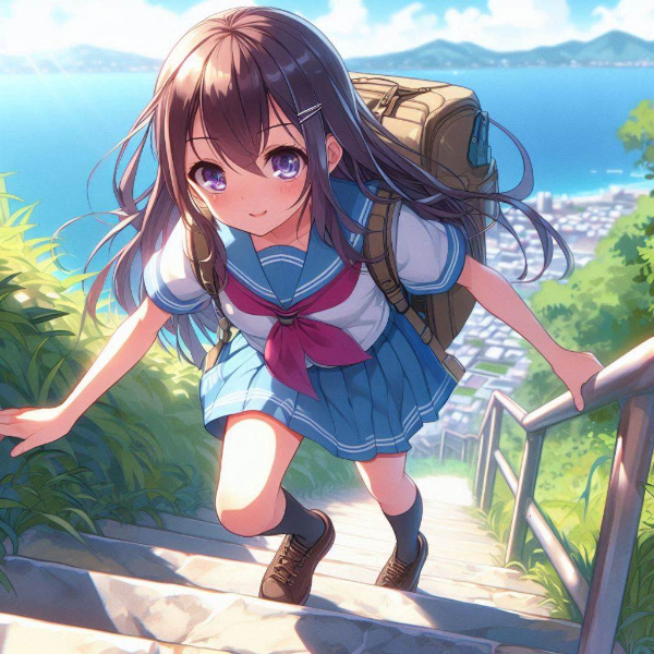 階段を登って通学する女の子