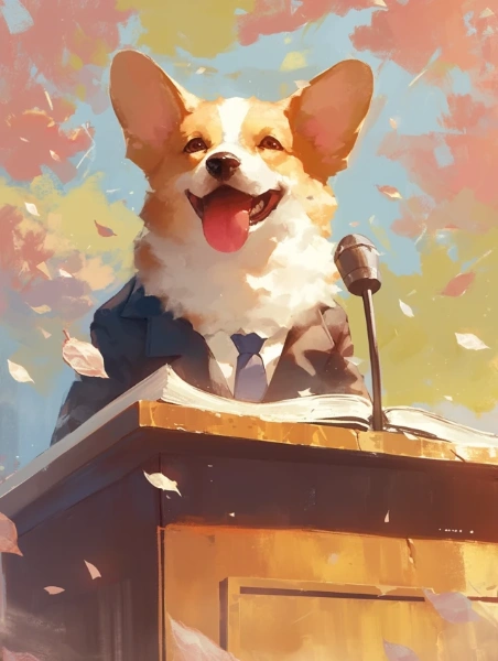 講義をしているコーギー