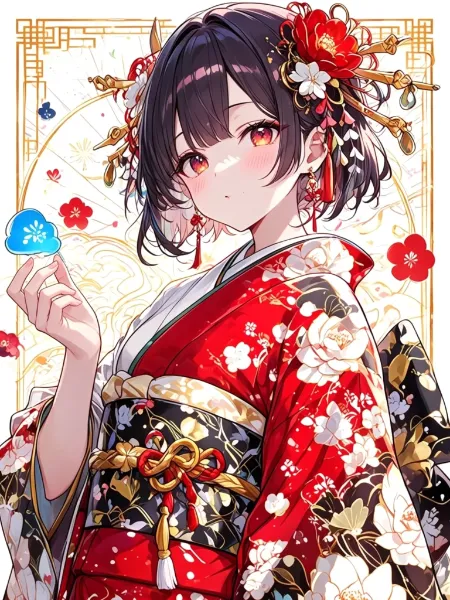 赤い着物と雪の花