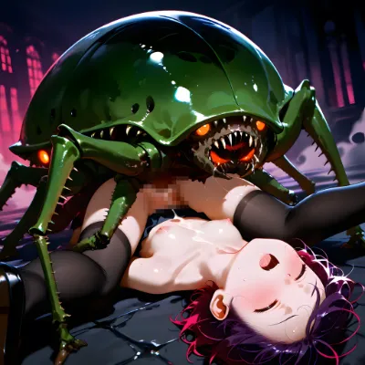 女の子達と甲虫とハエトリグサの合成モンスター