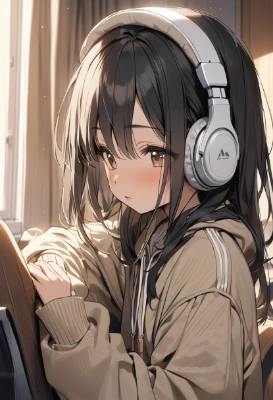 beige girl with headphones