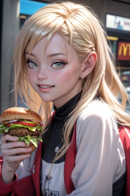 eating a hamburger at McDonald\'s