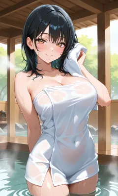湯煙に濡れる白タオルの少女