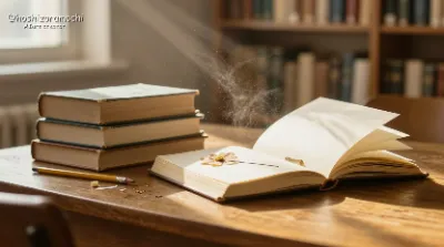 図書館の窓辺で踊る光の粒子と積まれた本