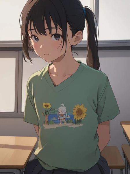 ポニテJ〇ちゃんの私服姿（Tシャツ）