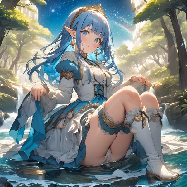 青髪エルフの秘密の水辺休憩