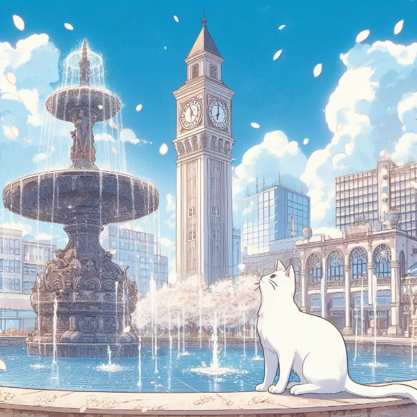 噴水を見上げる猫