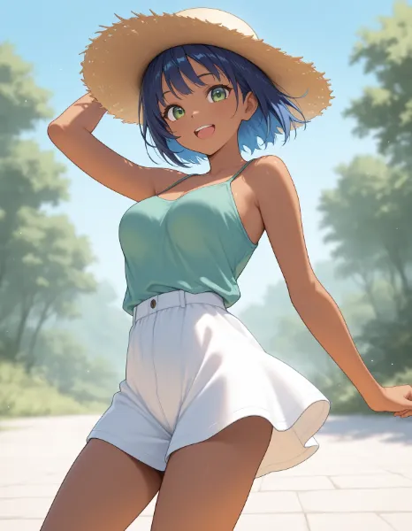 夏の陽光に笑う麦わら帽子の少女