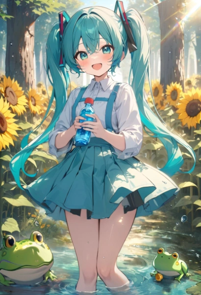 魔法の森の向日葵畑とカエル