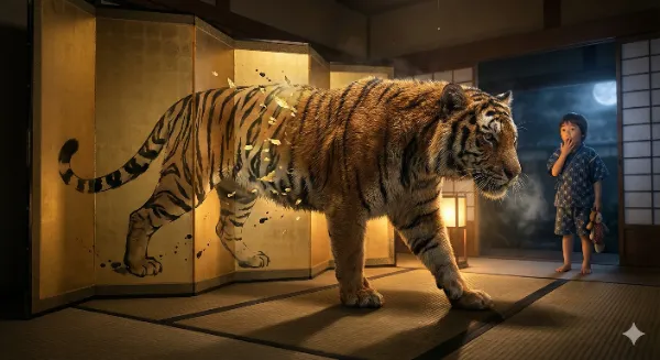 月夜の屏風から蘇る虎の守護者