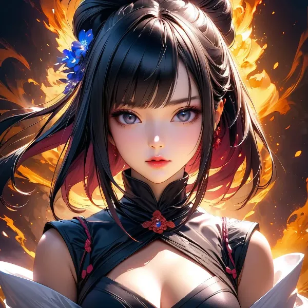 炎に舞う黒髪の美女