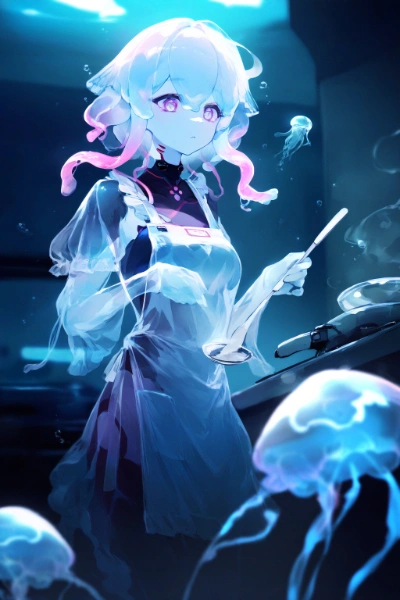 料理をするクラゲ娘