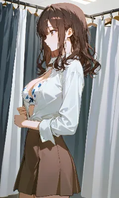 茶髪ミドルロングウェーブ　脱衣