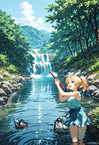 滝の調べに耳を傾け、少女の釣り物語