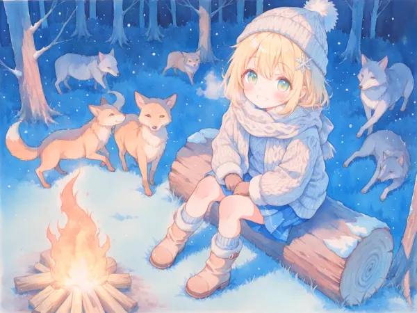 焚き火に集う森の仲間達