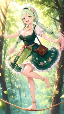 森の木のあいだのロープ