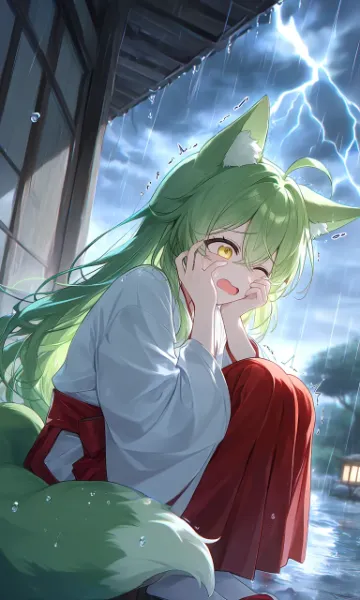雷雨に怯える狐娘の雨宿り