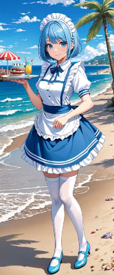 砂浜と青髪ウエイトレスさん