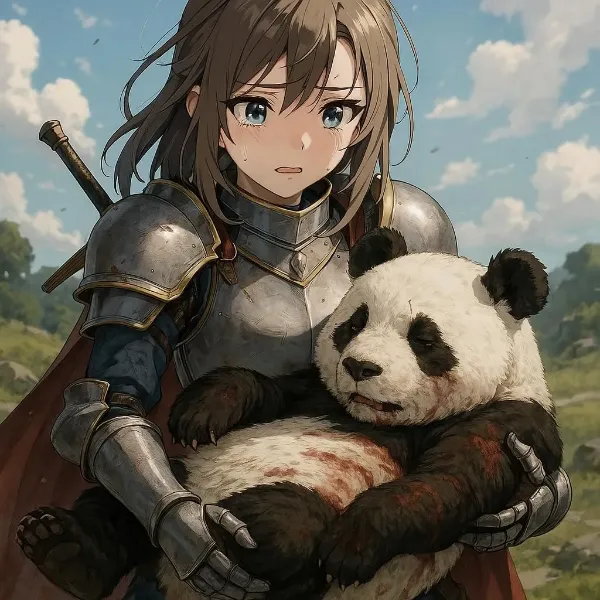 傷ついたパンダを抱く騎士少女