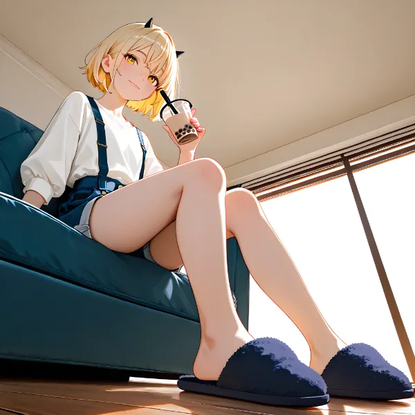 ルームシューズでサスペンダーでタピオカ