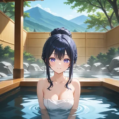 山間の露天風呂に浸かる少女