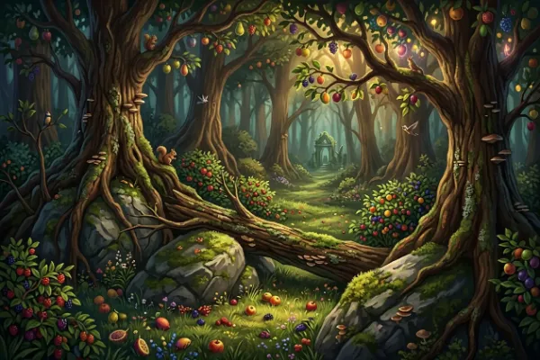 AIの餌を手描きした上で生成した画像　ファンタジー風の果樹の森の奥地
