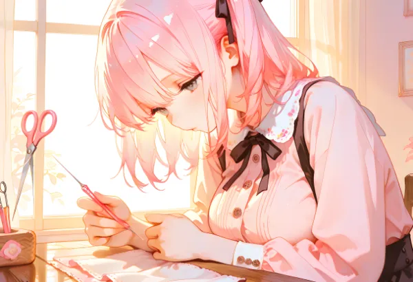 柔らかな光の裁縫少女