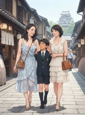 女性2人とデートする少年