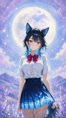 🐺🌙 パステル和アート「おお……なんか落ち着くな。」ウル子と優しい月夜