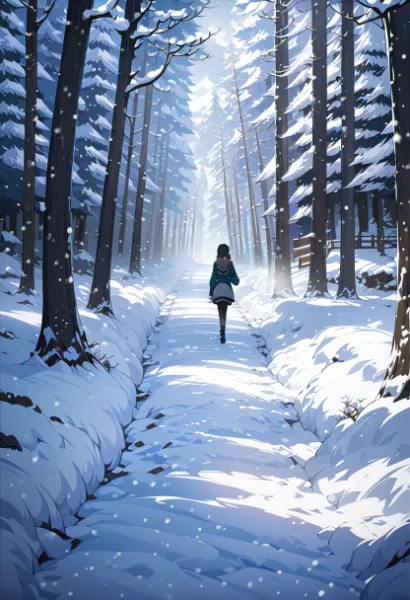 雪降る森の小道