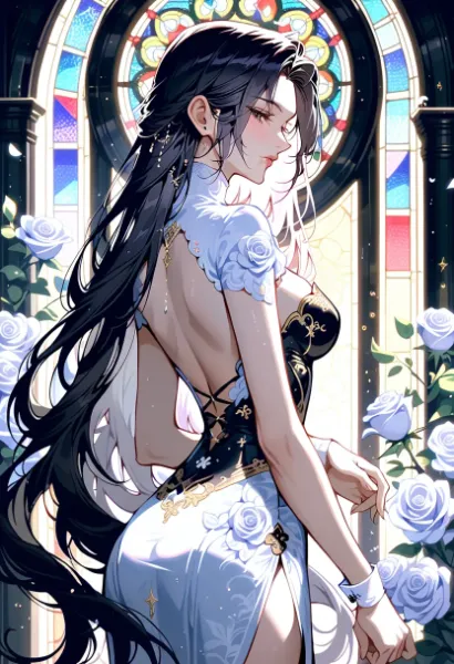 薔薇の庭に佇む黒髪美女