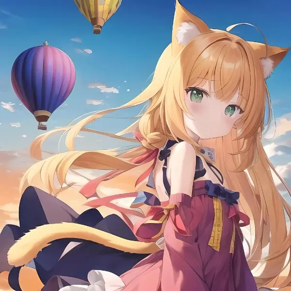 夕陽に浮かぶ熱気球と猫少女