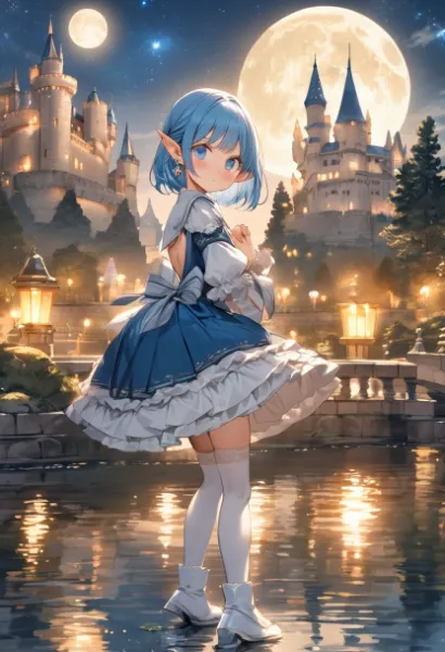 月夜の古城に舞う青いエルフ